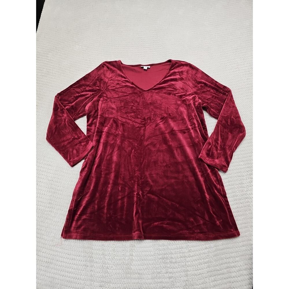 Pure Jill Shirt Womens Large Petite Crushed Velvet Velour Tunic Maroon Vneck